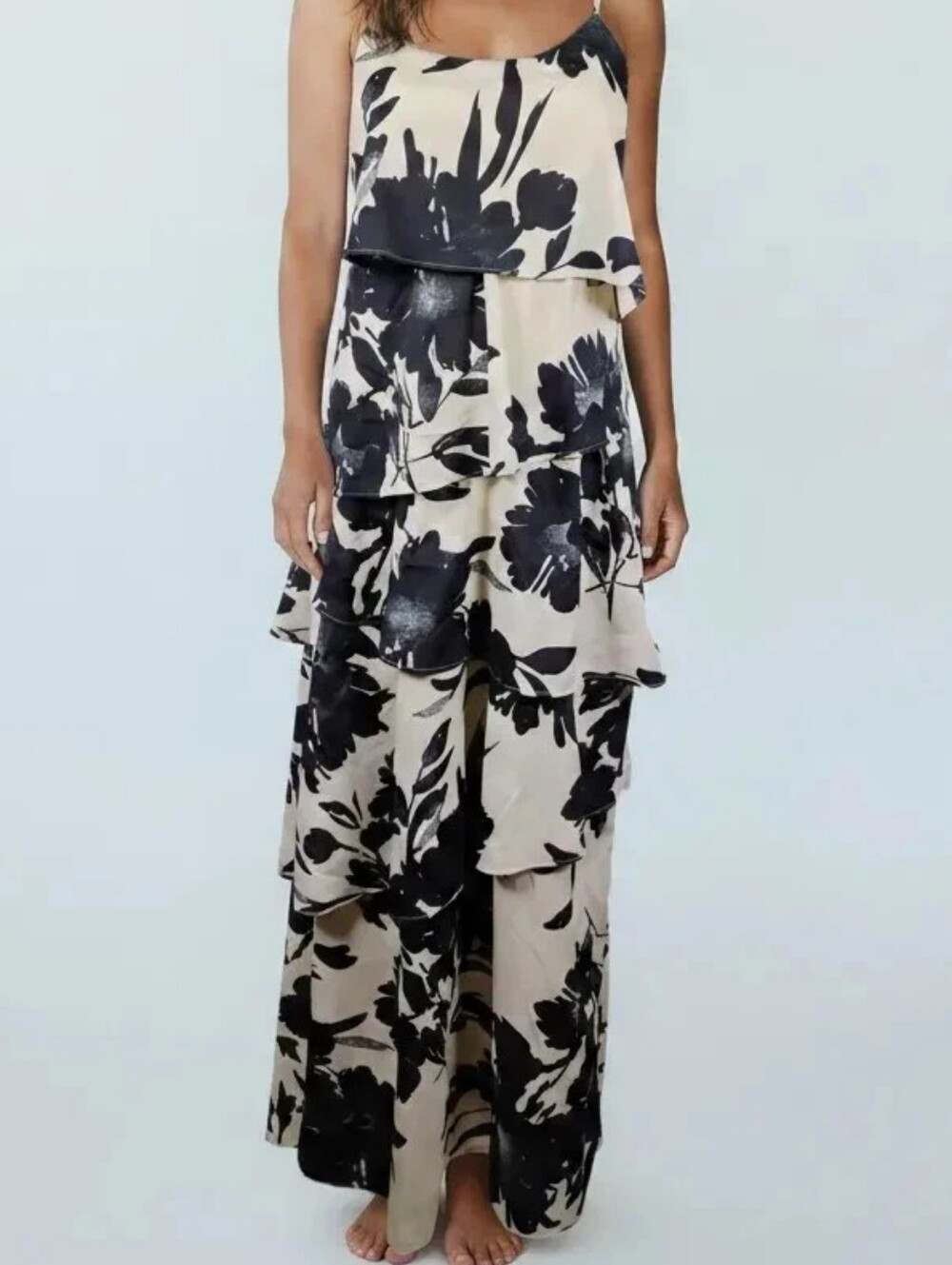 Old Navy Cream and Black Floral Tiered Maxi Dress